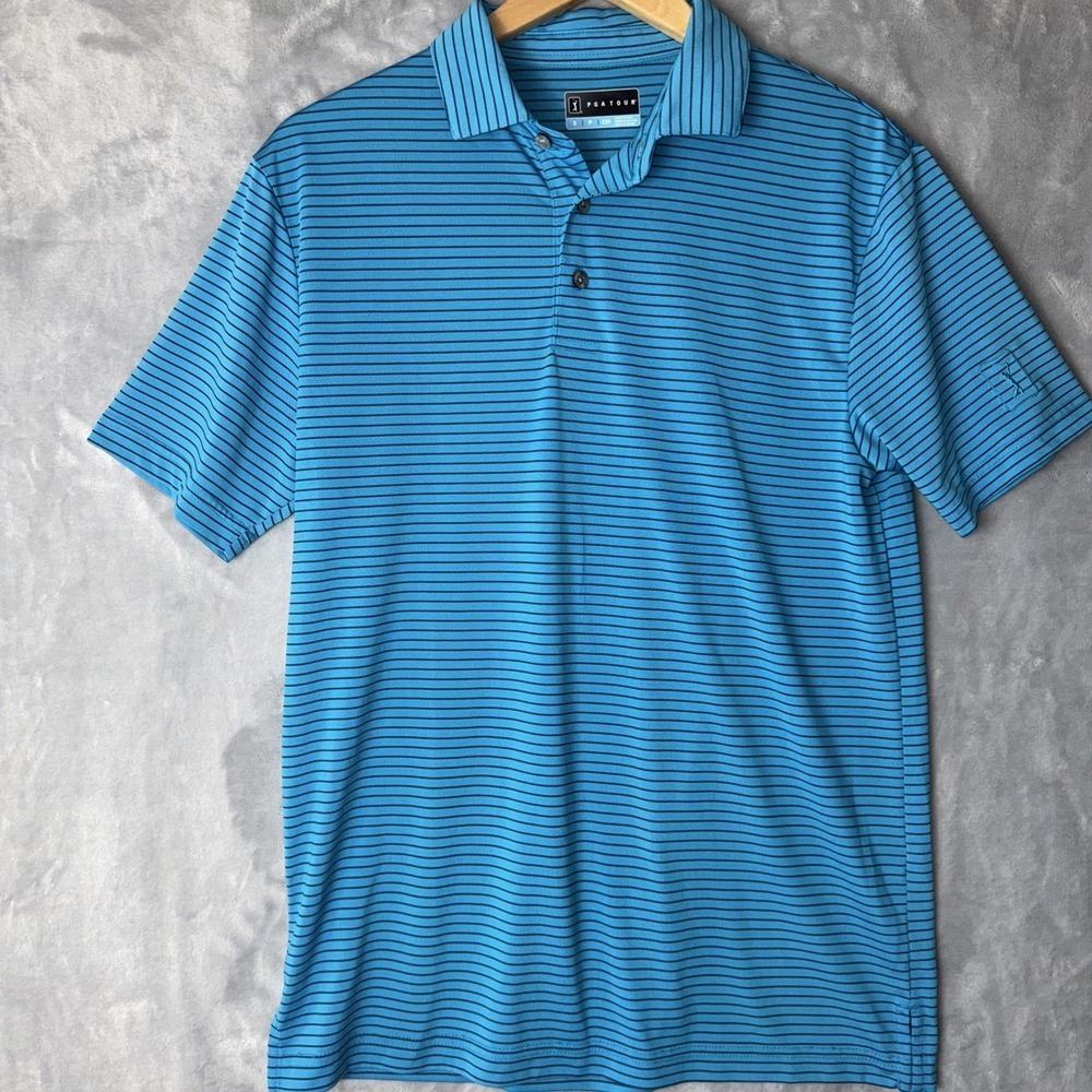 PGA‎ Tour Striped Golf Polo Men Small Blue Black Performance Short Sleeve Shirt
